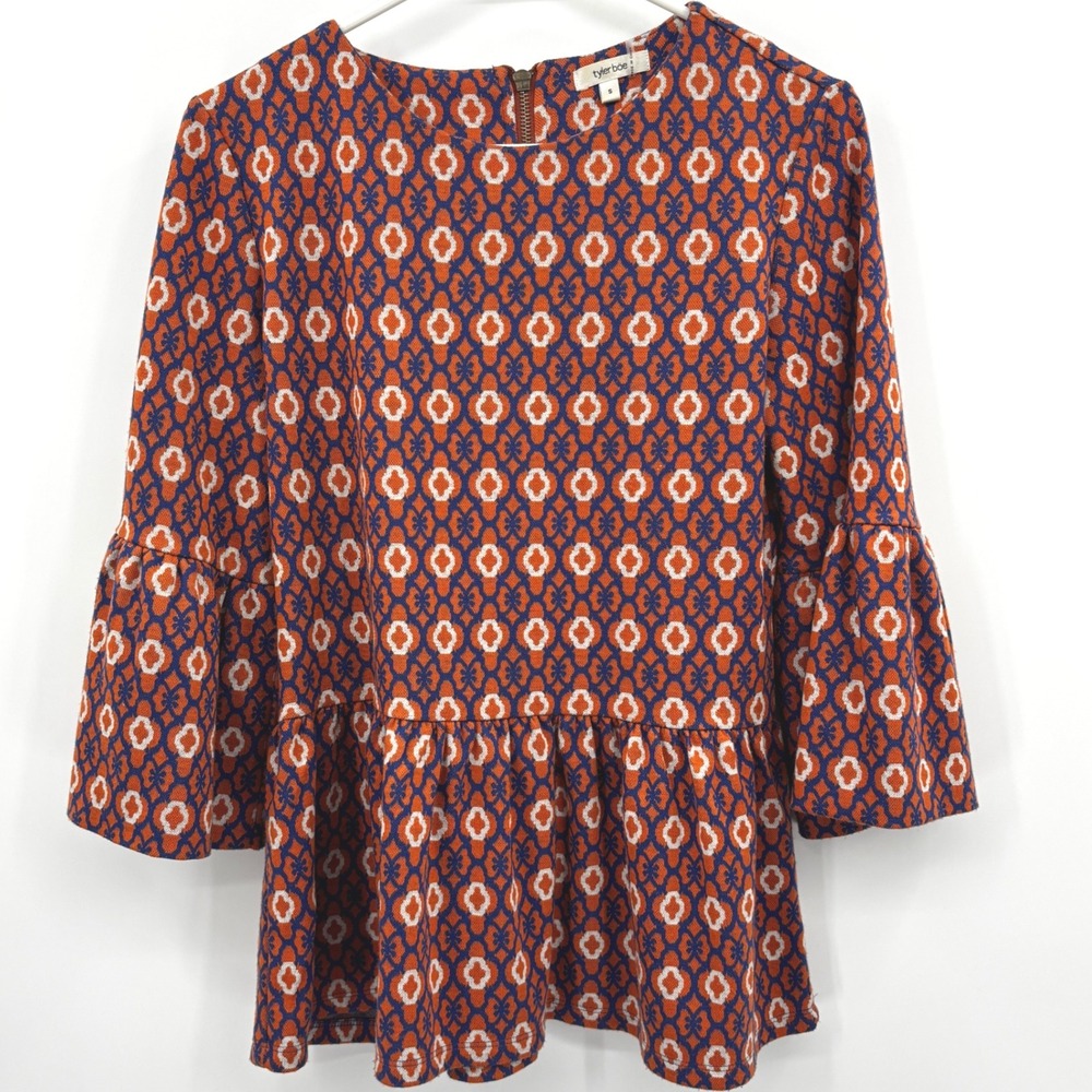 Tyler Boe Orange Blue Geometric Print Peplum 3/4 Bell Sleeve Top Women's Small‎